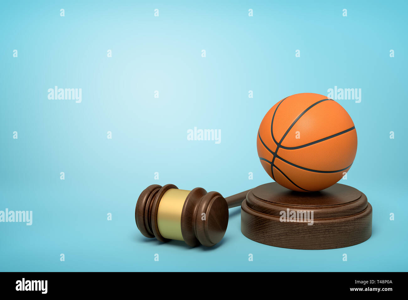 3d rendering of basketball on sounding block with judge gavel lying beside on light-blue background. Stock Photo