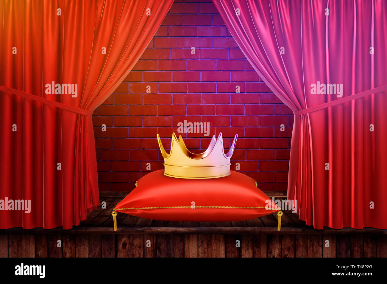 3d Rendering Of Golden Crown On A Cushion With Red Curtains And