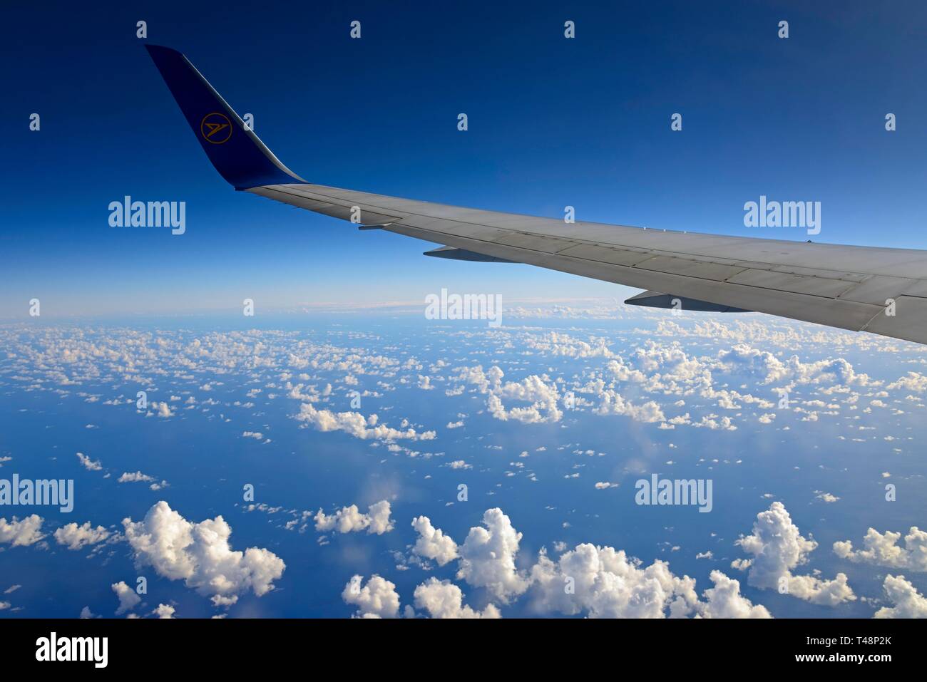 Wing of an airplane above the clouds, Dominican Republic Stock Photo
