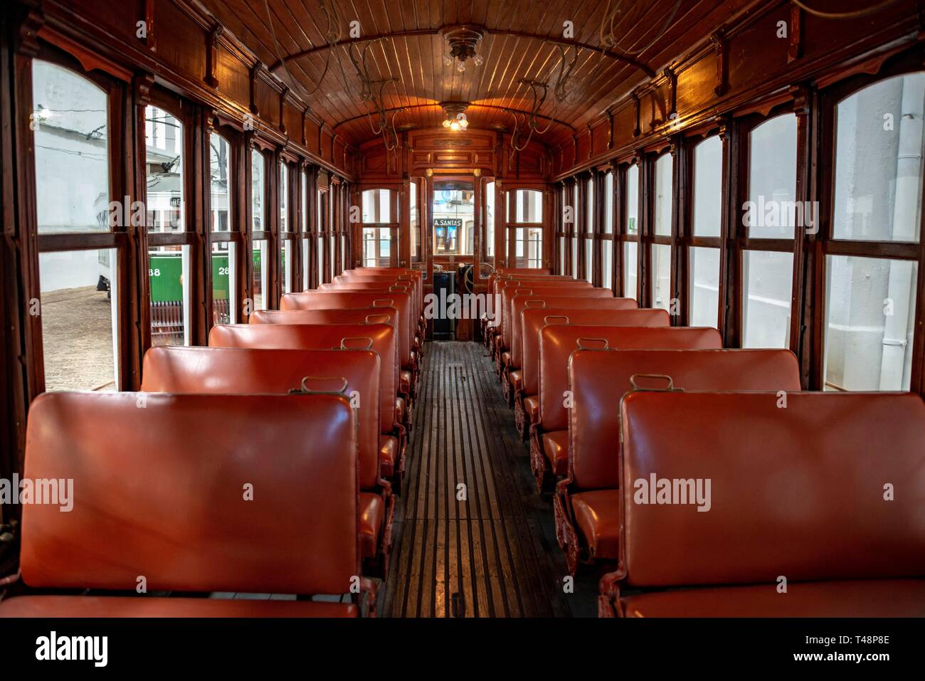 Interior view of a historic tram, tram museum, Museu do Carro Electrico da Cidade do Porto, Porto, Portugal Stock Photo