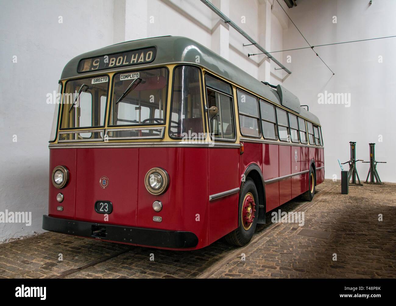 Historical red bus, tram museum, Museu do Carro Electrico da Cidade do Porto, Porto, Portugal Stock Photo