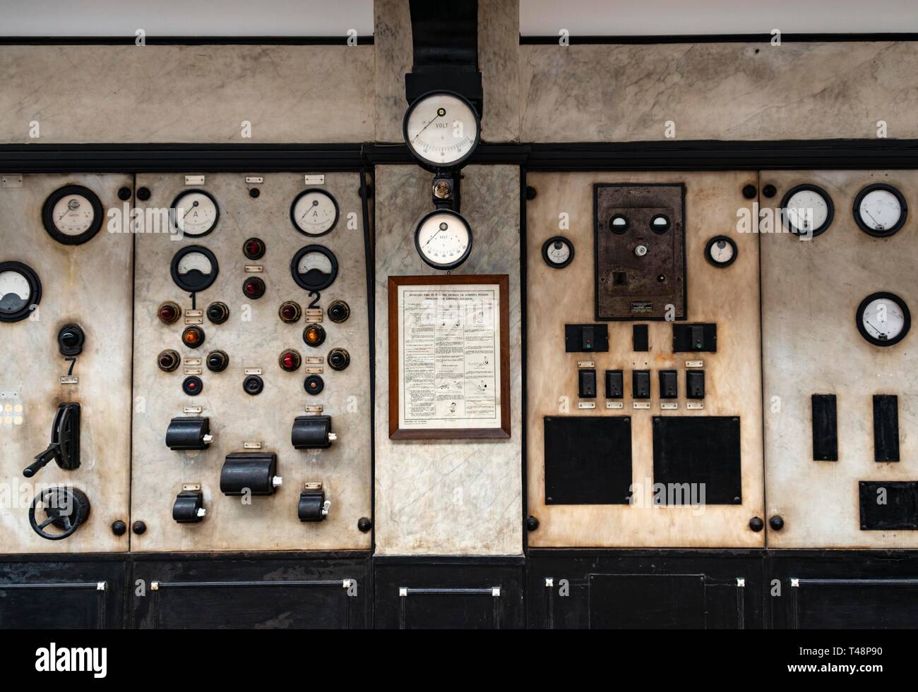 Levers, switches and displays, historical electrical engine room, tram museum, Museu do Carro Electrico da Cidade do Porto, Porto, Portugal Stock Photo