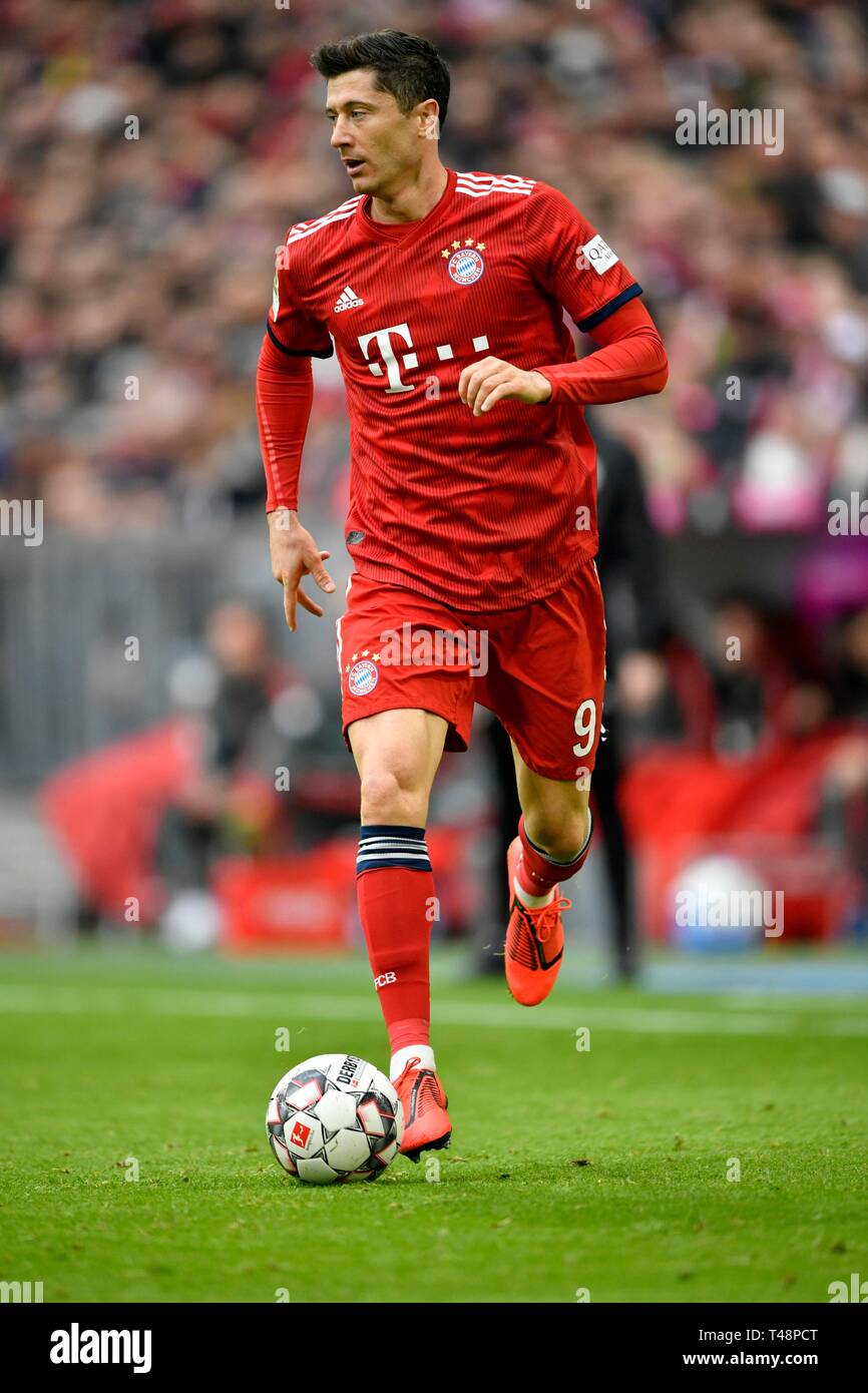 Robert Lewandowski FC Bayern Munich on the ball, Allianz Arena, Munich, Bavaria, Germany Stock Photo