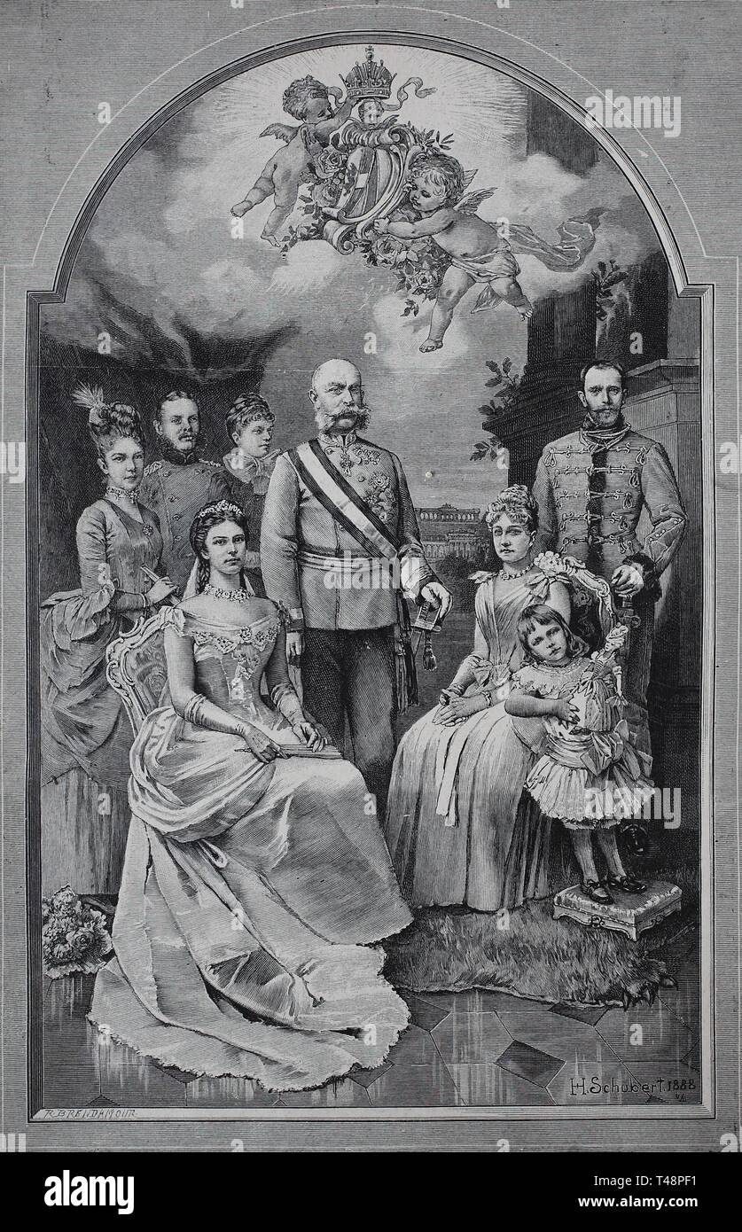 Empress Elisabeth of Austria, Franz Joseph I, Archduchess Marie Valerie, Archduchess Gisela, Stephanie and Elizabeth, Leopold of Bavaria, Archduke Stock Photo