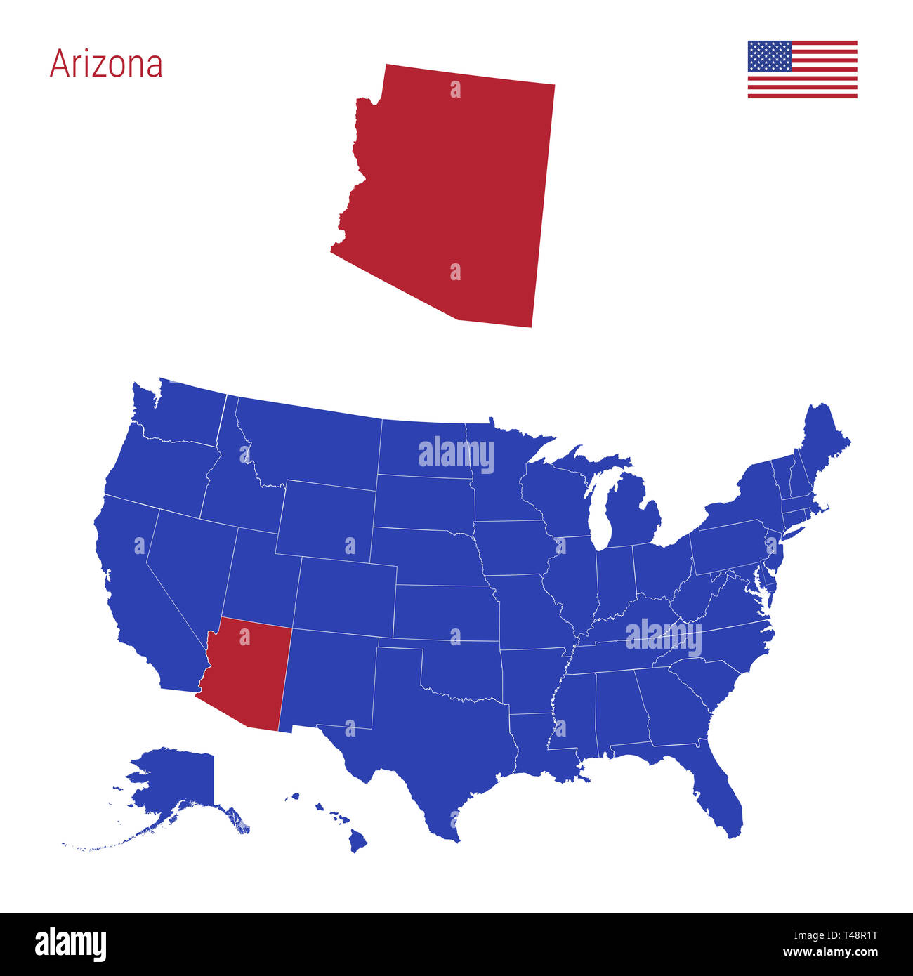 The State of Arizona is Highlighted in Red. Blue Map of the United