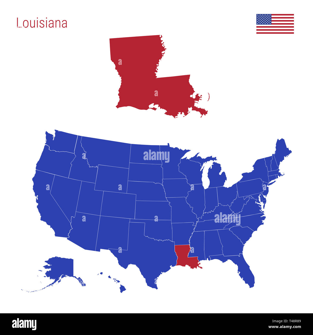 The State of Louisiana is Highlighted in Red. Blue Map of the United States  Divided into Separate States. Map of the USA Split into Individual States  Stock Photo - Alamy