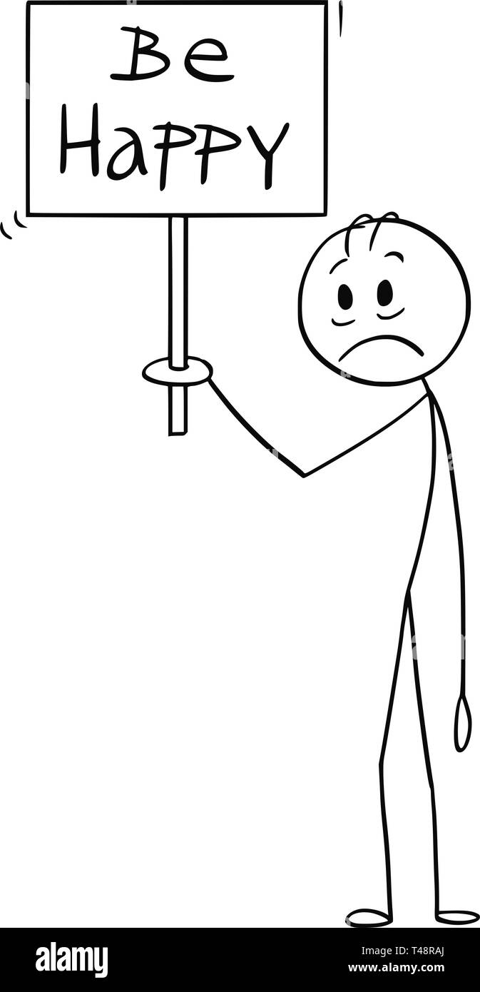 Vector cartoon stick figure drawing conceptual illustration of sad