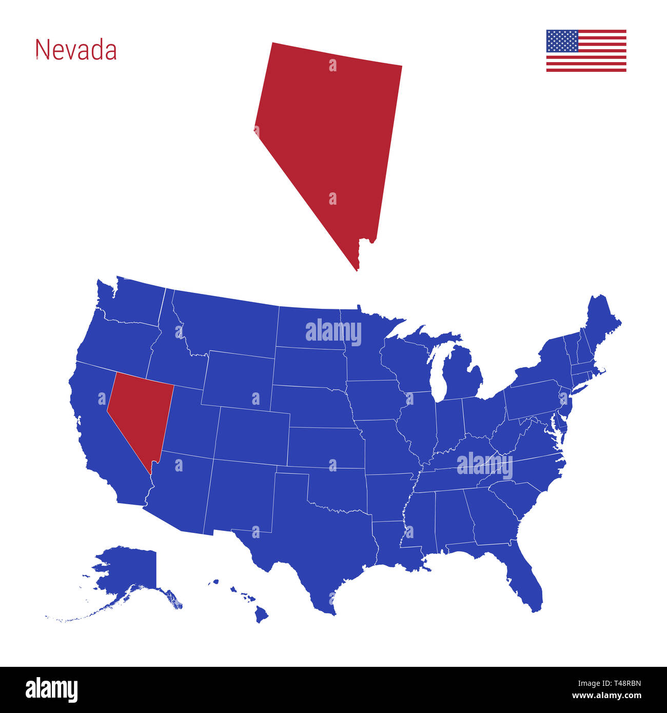 The State of Nevada is Highlighted in Red. Blue Map of the United