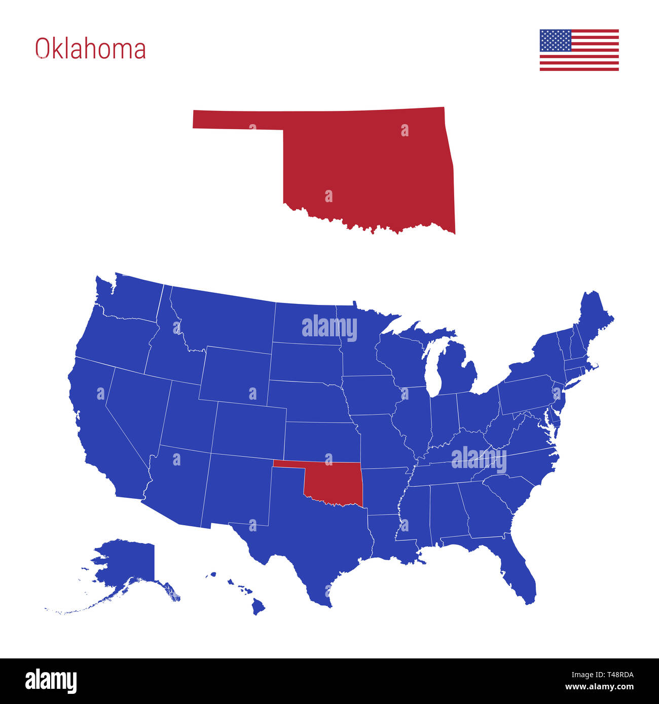 Oklahoma On World Map The State Of Oklahoma Is Highlighted In Red. Blue Map Of The United States  Divided Into Separate States. Map Of The Usa Split Into Individual States  Stock Photo - Alamy