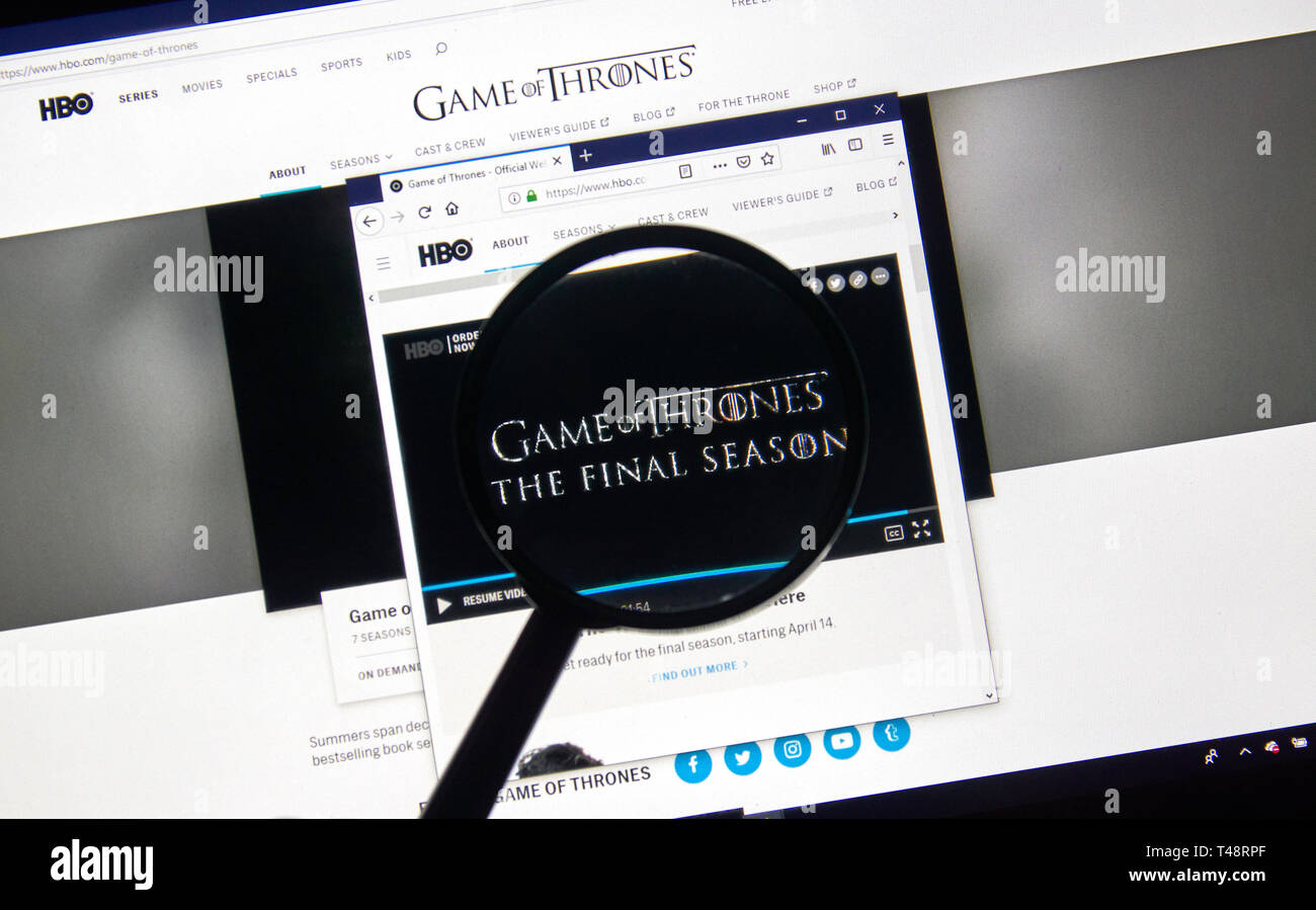 MONTREAL, CANADA - APRIL 14, 2019 : Game of Thrones official HBO site under magnifying glass. The Final Season. Game of Thrones is an American HBO fan Stock Photo