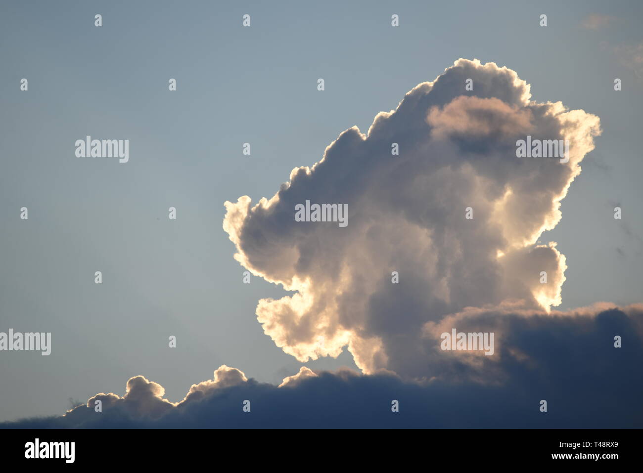 Huge towering cumulus clouds back and side lighting Stock Photo