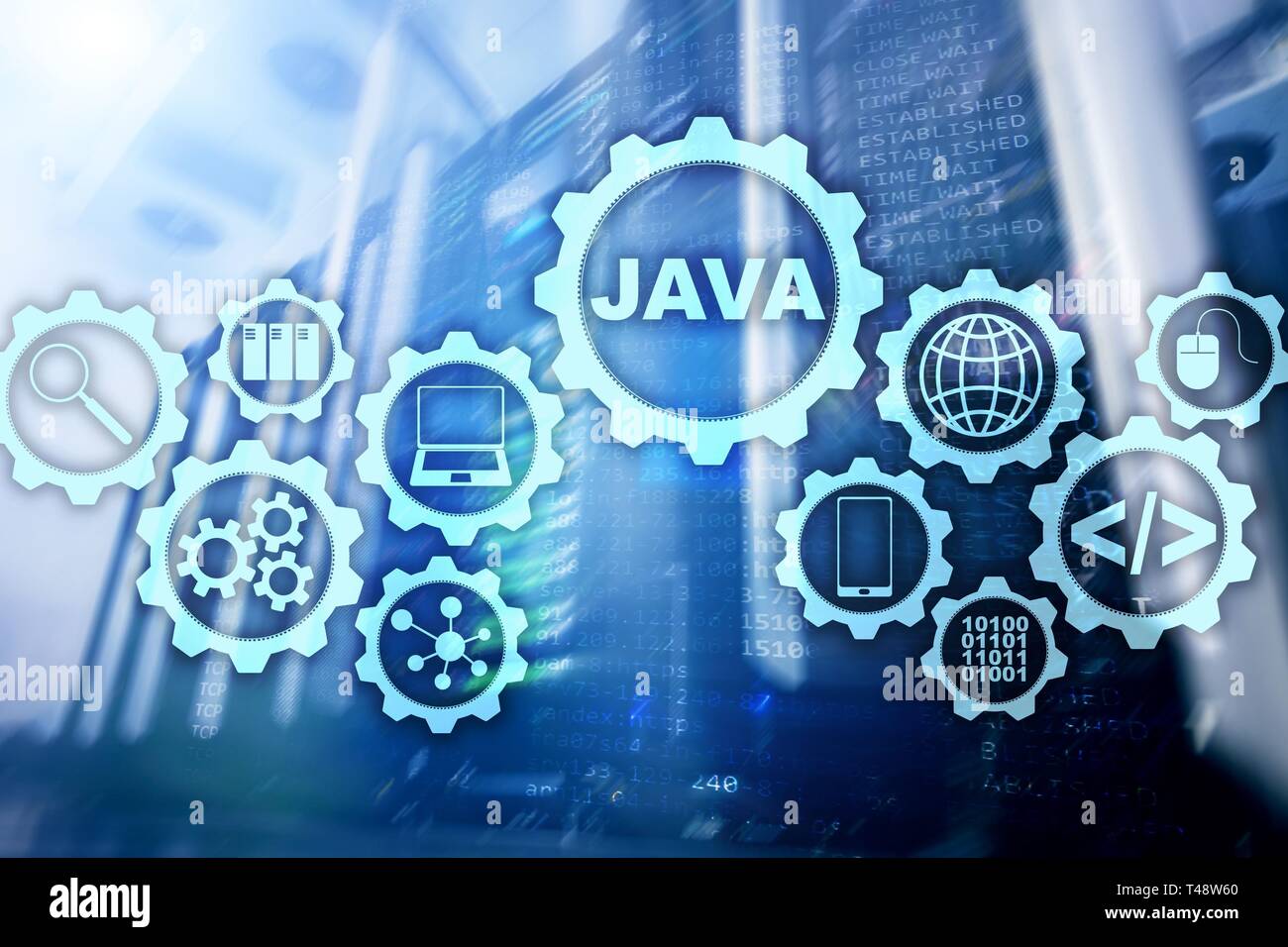 Java Programming concept. Virtual machine. On server room background. Stock Photo