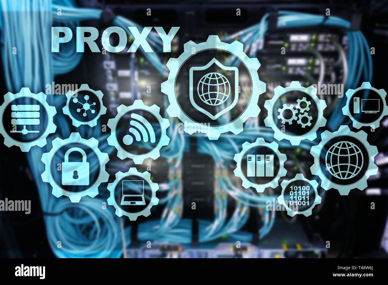 Proxy server. Cyber security. Concept of network security on virtual screen. Server room background Stock Photo