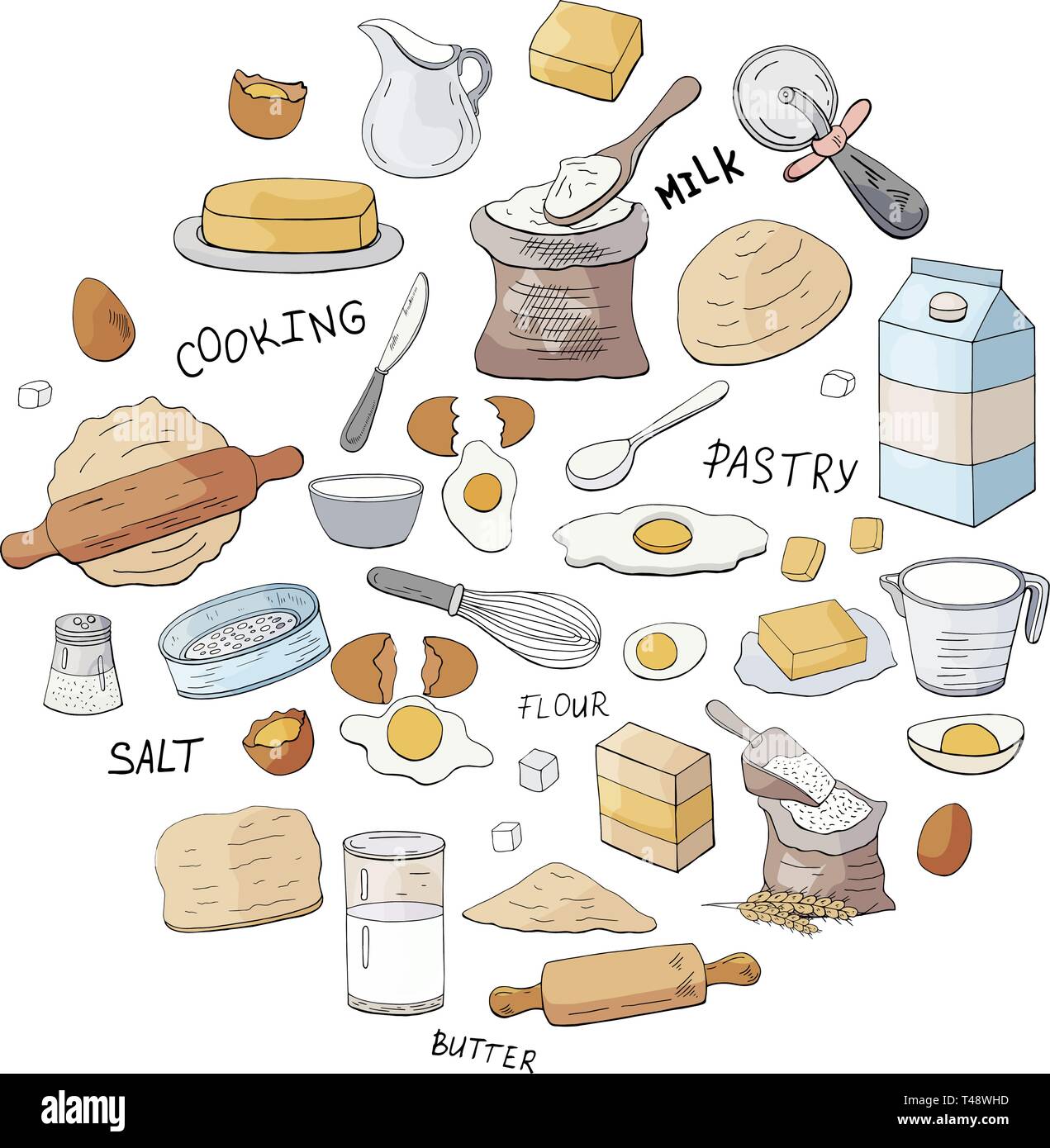 Different dough items and kitchen accessories in circle shape isolated on white background. Stock Vector