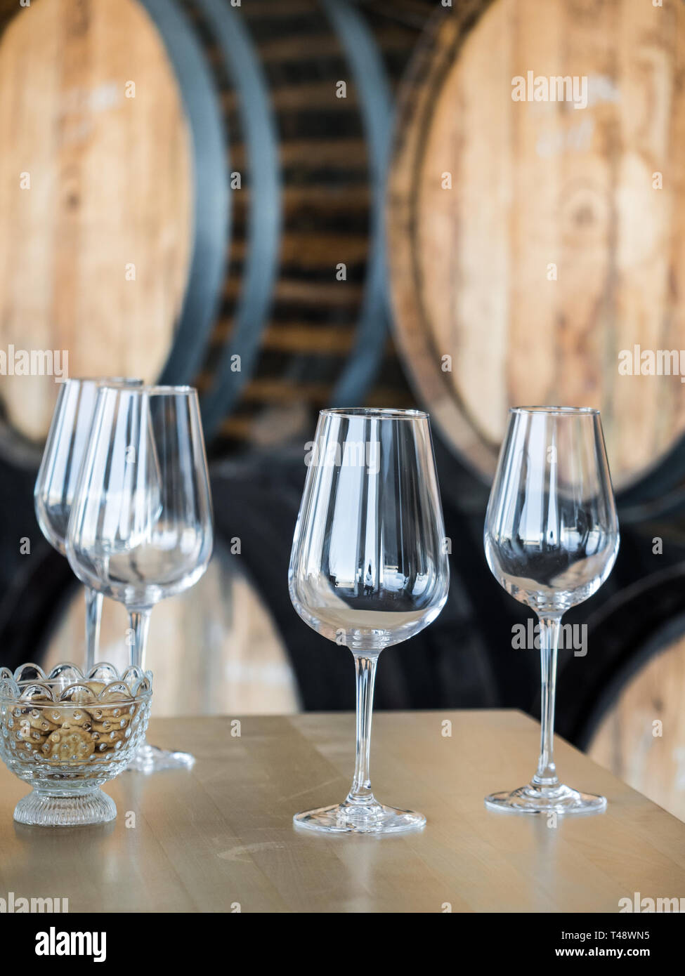 Empty wine glasses in front of wooden wine barrels. Stock Photo