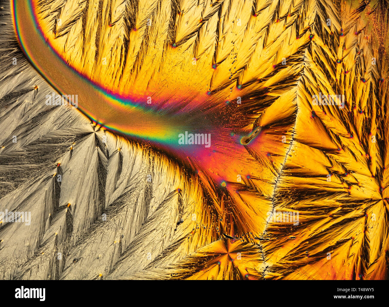 Microscopic view of vitamin C crystals forming intricate colorful patterns, creating a vivid abstract landscape of texture, colour and light Stock Photo