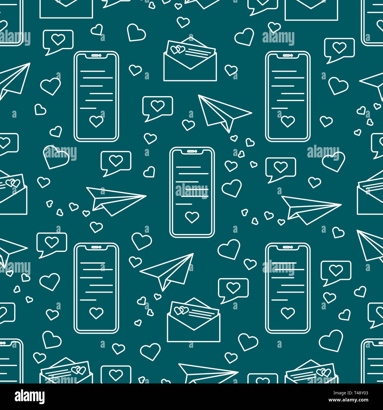 Seamless pattern with paper airplane, envelope, smartphone, sms, hearts ...