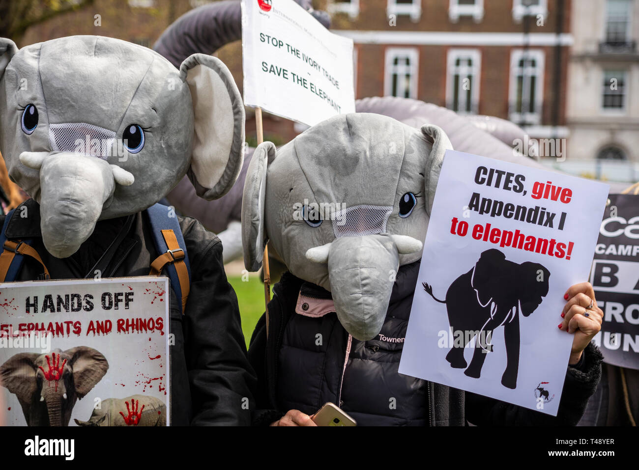 Protesters at a stop trophy hunting and ivory trade protest rally, London, UK. CITES give Appendix I to elephants. Elephant costume Stock Photo
