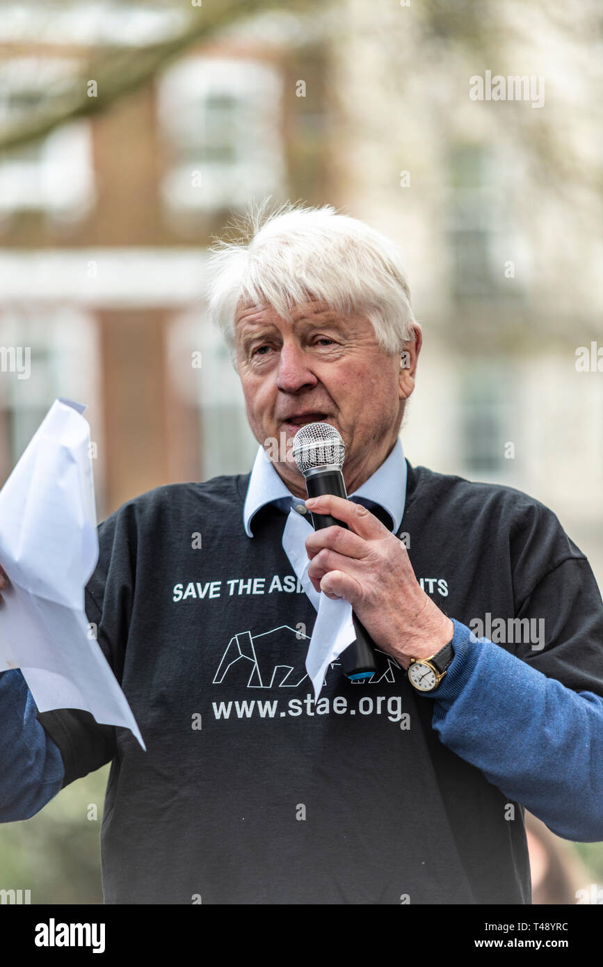 Stanley Johnson speaking at a stop trophy hunting and ivory trade protest rally, London, UK. Father of Boris Johnson Stock Photo