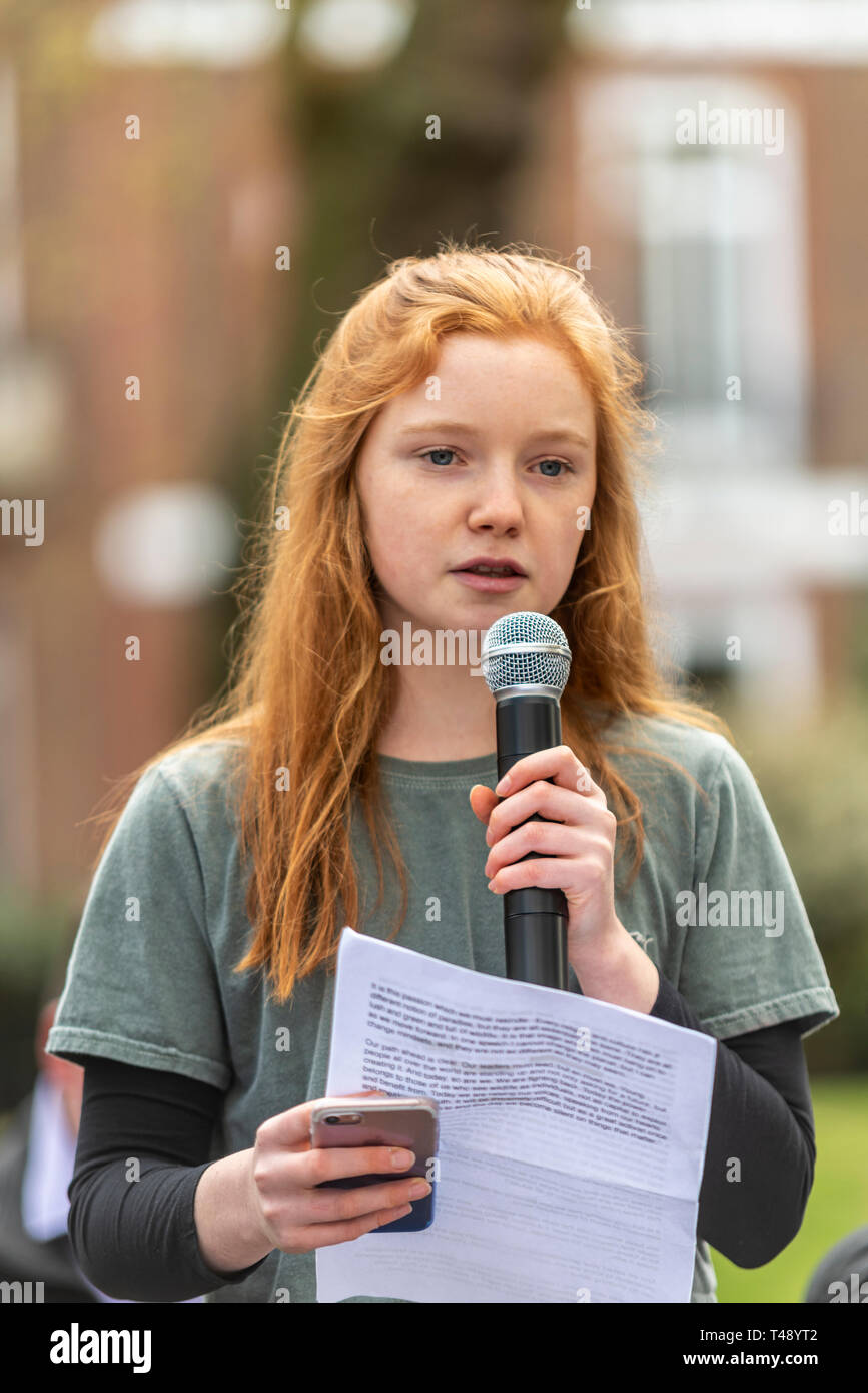 Bella Lack speaking at a stop trophy hunting and ivory trade protest rally, London, UK. Youth ambassador for The Born Free Foundation Stock Photo