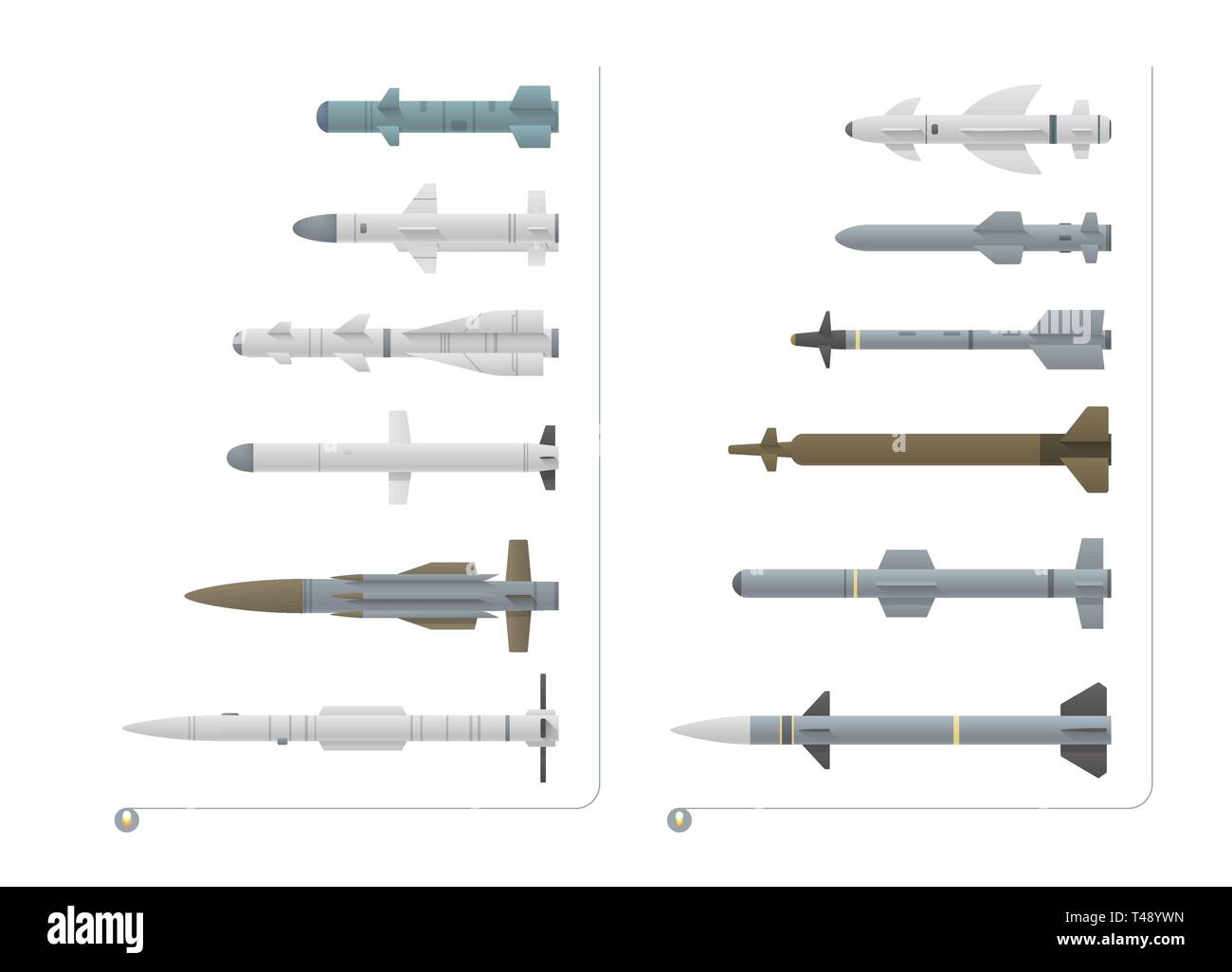 Set of fighter aircraft missiles is isolated on a white background. There are air-to-air missiles and air-to-surface missiles. Stock Vector