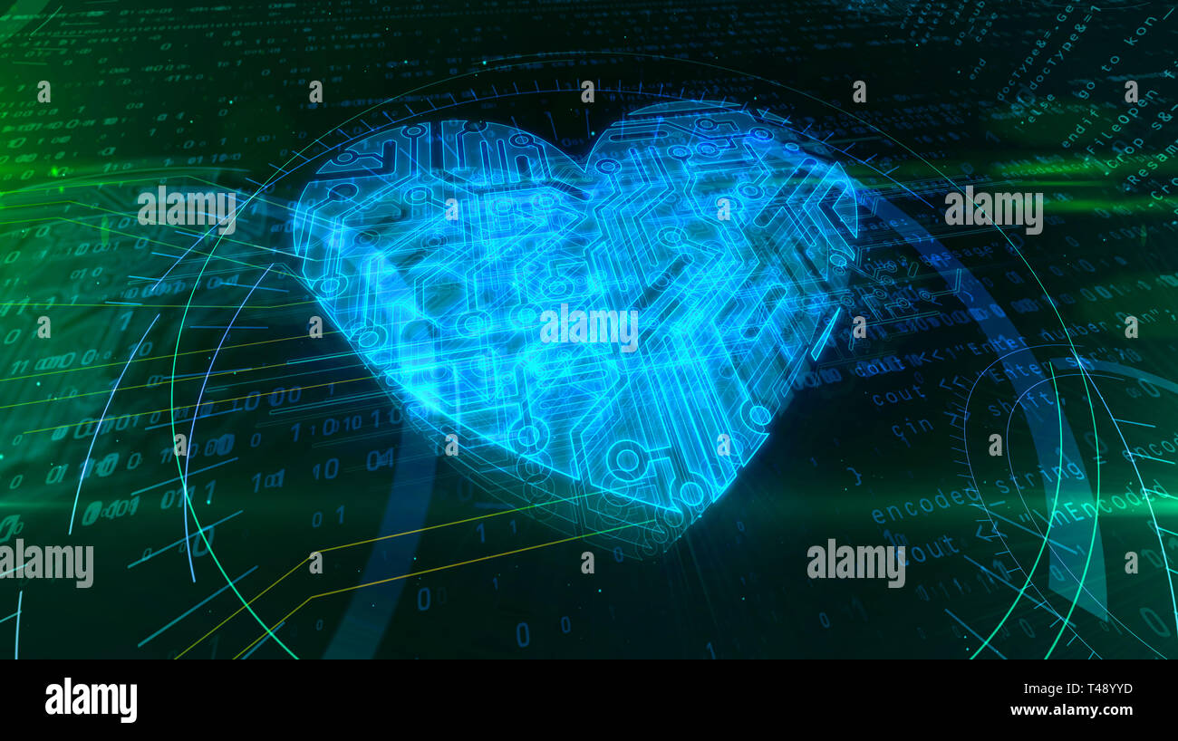 Blue digital heart shape hologram on digital background. Love, romantic ...