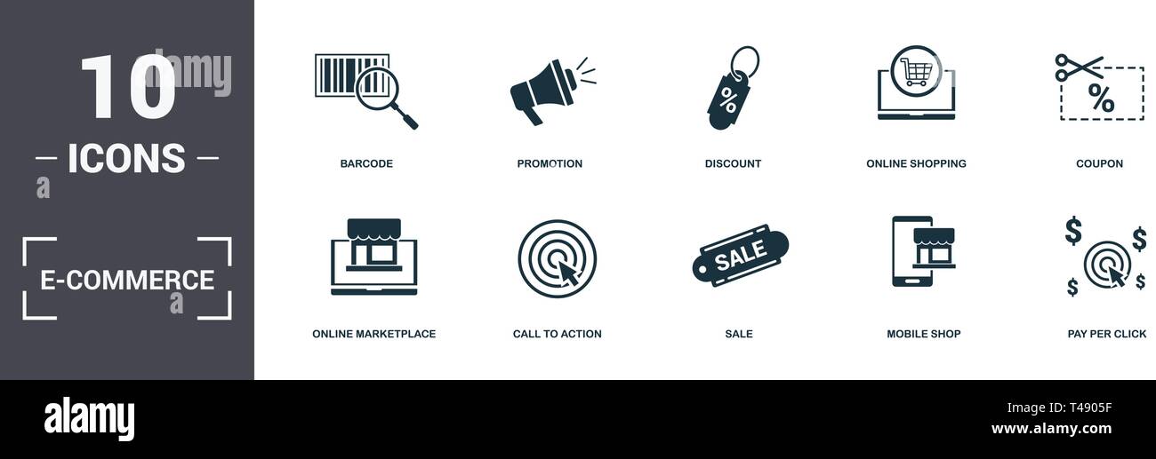 E-Commerce set icons collection. Includes simple elements such as Barcode, Promotion, Discount, Online Shopping, Coupon, Call To Action and Sale premi Stock Vector