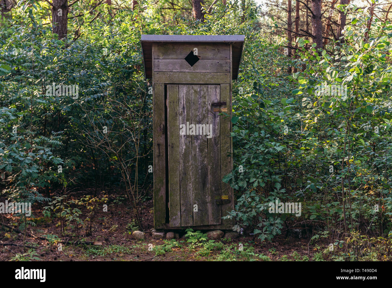 Wooden outhouse in forest in Podlaskie Voivodeship in Poland Stock Photo