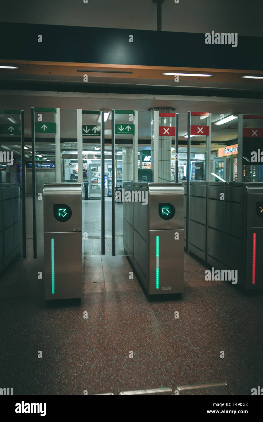 Editorial 03.26.2019 Stockholm Sweden. Baffle gates and ticket barriers at the subway station on one of the stations Stock Photo