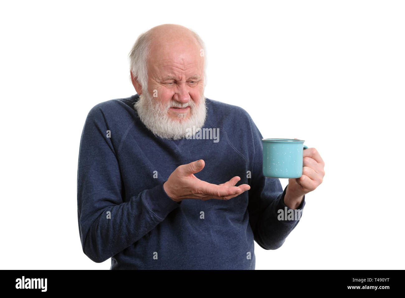unhappy elderly man with cup of bad tea or coffee isolated on white
