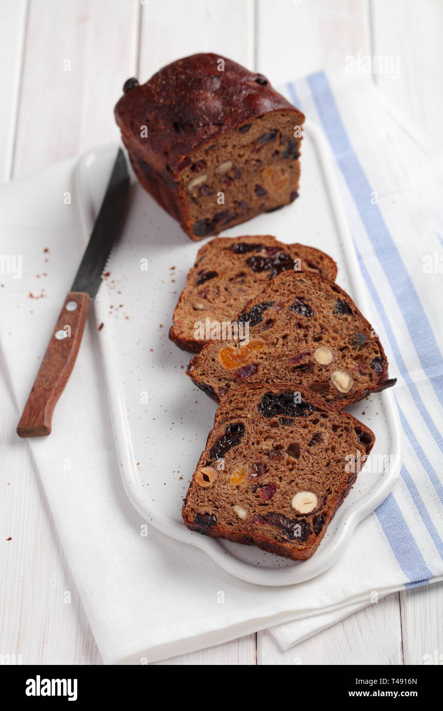 Fruchtebrot, traditional Austrian and German fruit bread with raisins, hazelnuts, and other