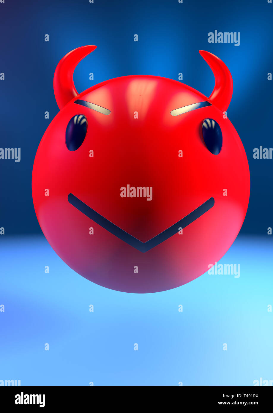 3D render of a round red devil emoji with horns and an evil grin on its face seen from the front Stock Photo