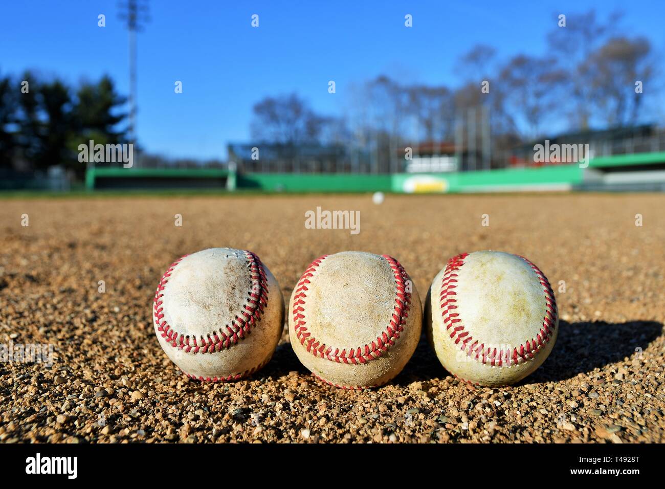 Photo of three game used baseballs on baseball infield on a sunny day with a field in the background Stock Photo - Alamy