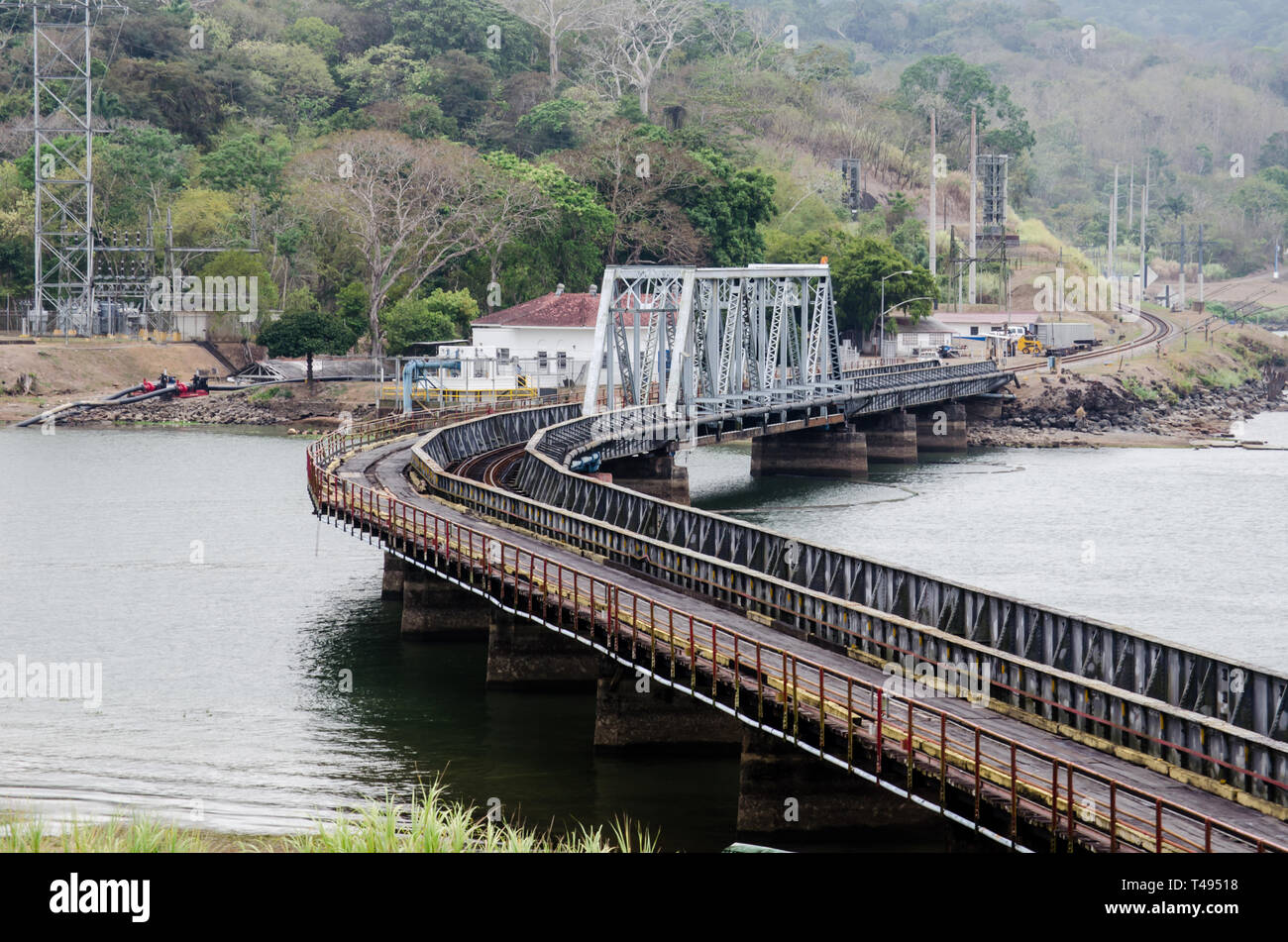 View of the historic truss bridge over the Chagres River mouth to the Panama Canal in Gamboa.  It is now closed to car transist, replaced by a new one Stock Photo