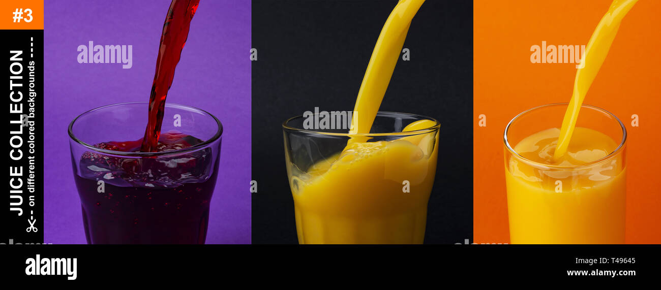 Juice pouring into glass, isolated on color background with copy space, cherry, orange and grape juices Stock Photo