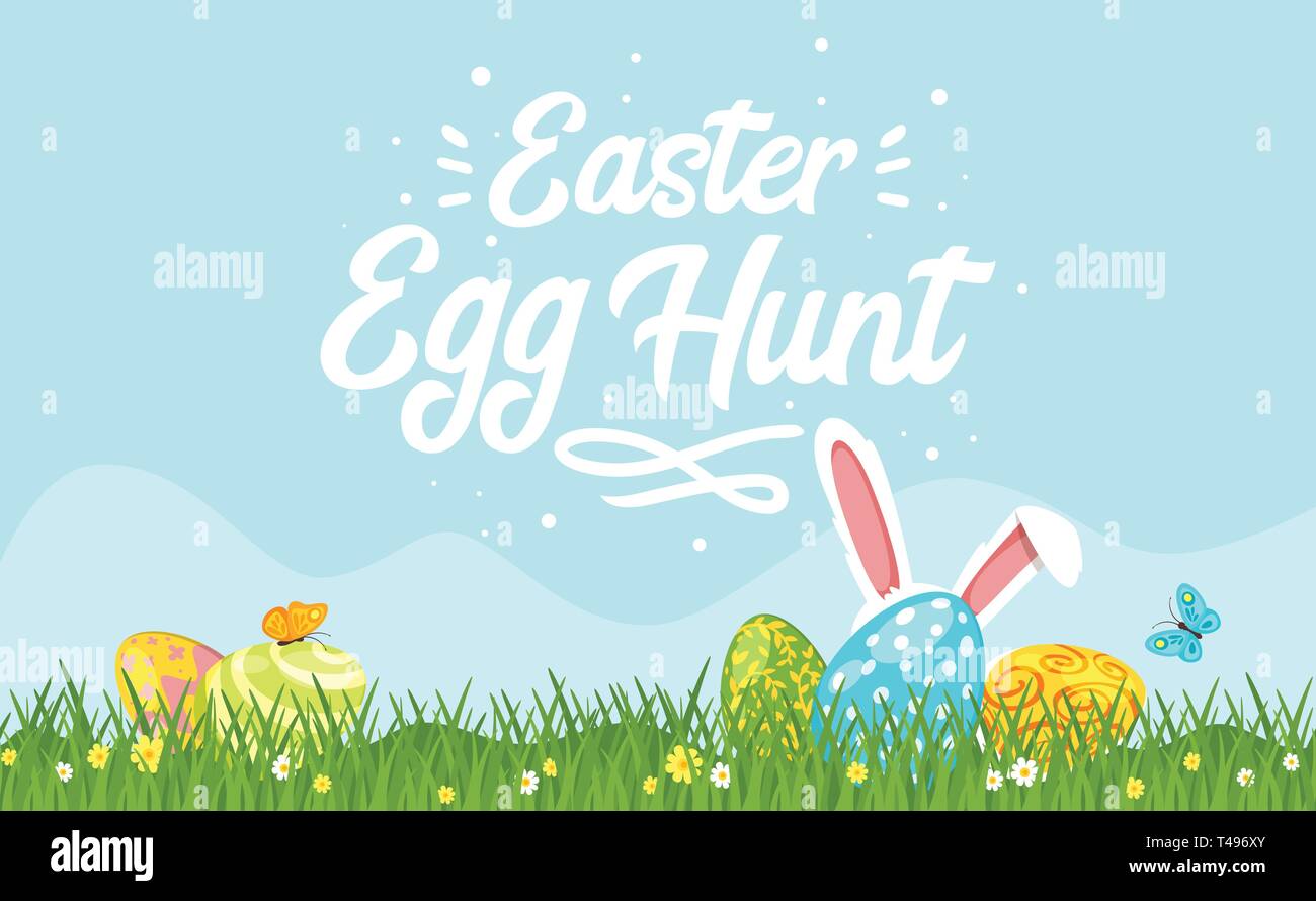 Easter Egg Hunt Design Template For Banner Of Greeting Card With Grass Background Border Festive Colorful Eggs And Rabbit Vector Illustration Stock Vector Image Art Alamy