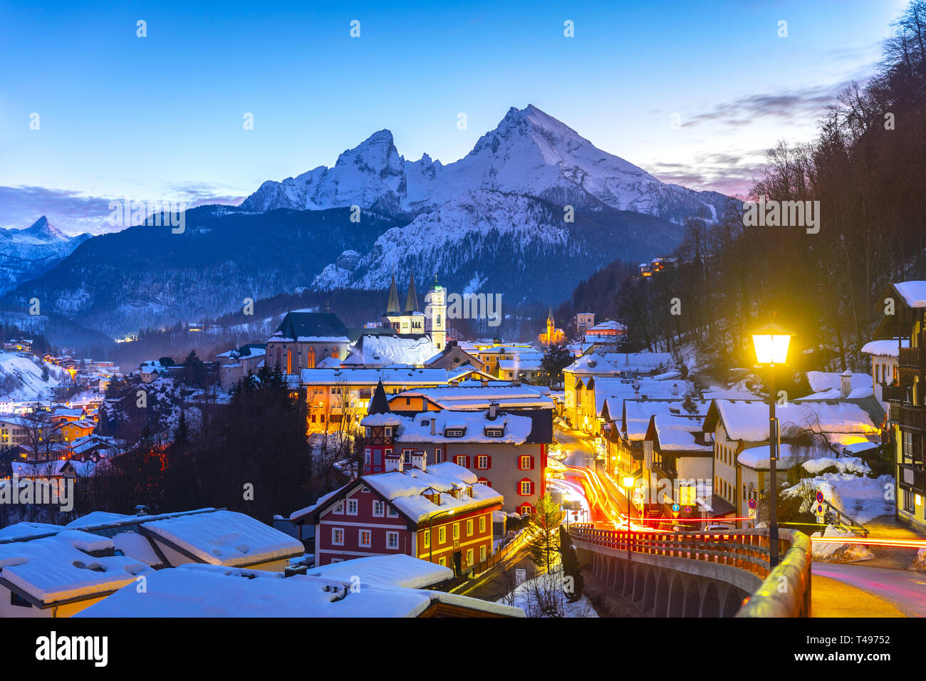 Historic town of Berchtesgaden with famous Watzmann mountain in the background, National park Berchtesgadener, Upper Bavaria, Germany Stock Photo