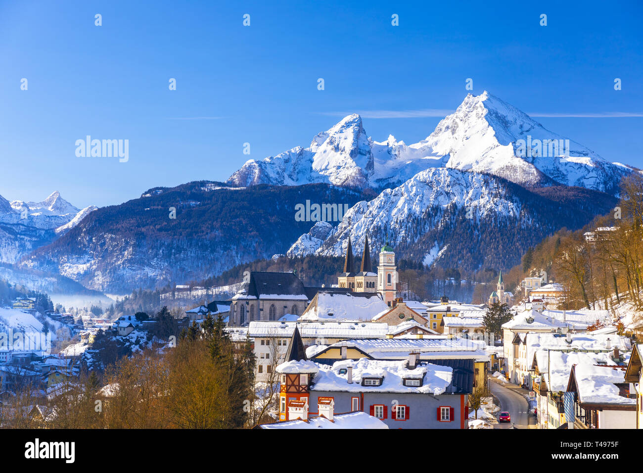Historic town of Berchtesgaden with famous Watzmann mountain in the background, National park Berchtesgadener, Upper Bavaria, Germany Stock Photo