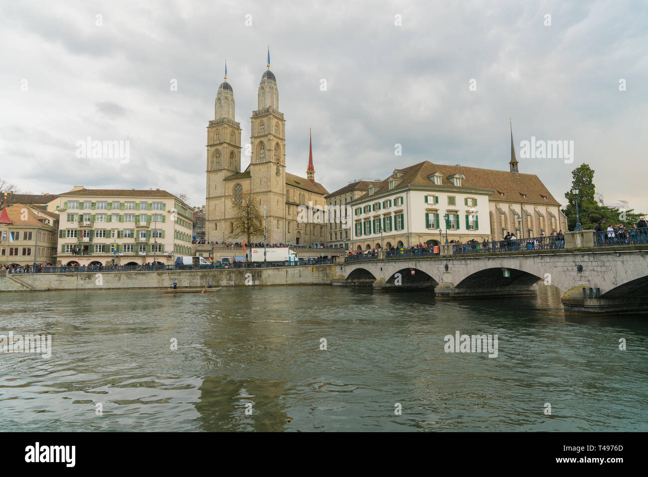Zurich, ZH / Switzerland - April 8, 2019: Zurich cityscape with many people leaving at the end of the traditional spring festival of Sechselauten in A Stock Photo
