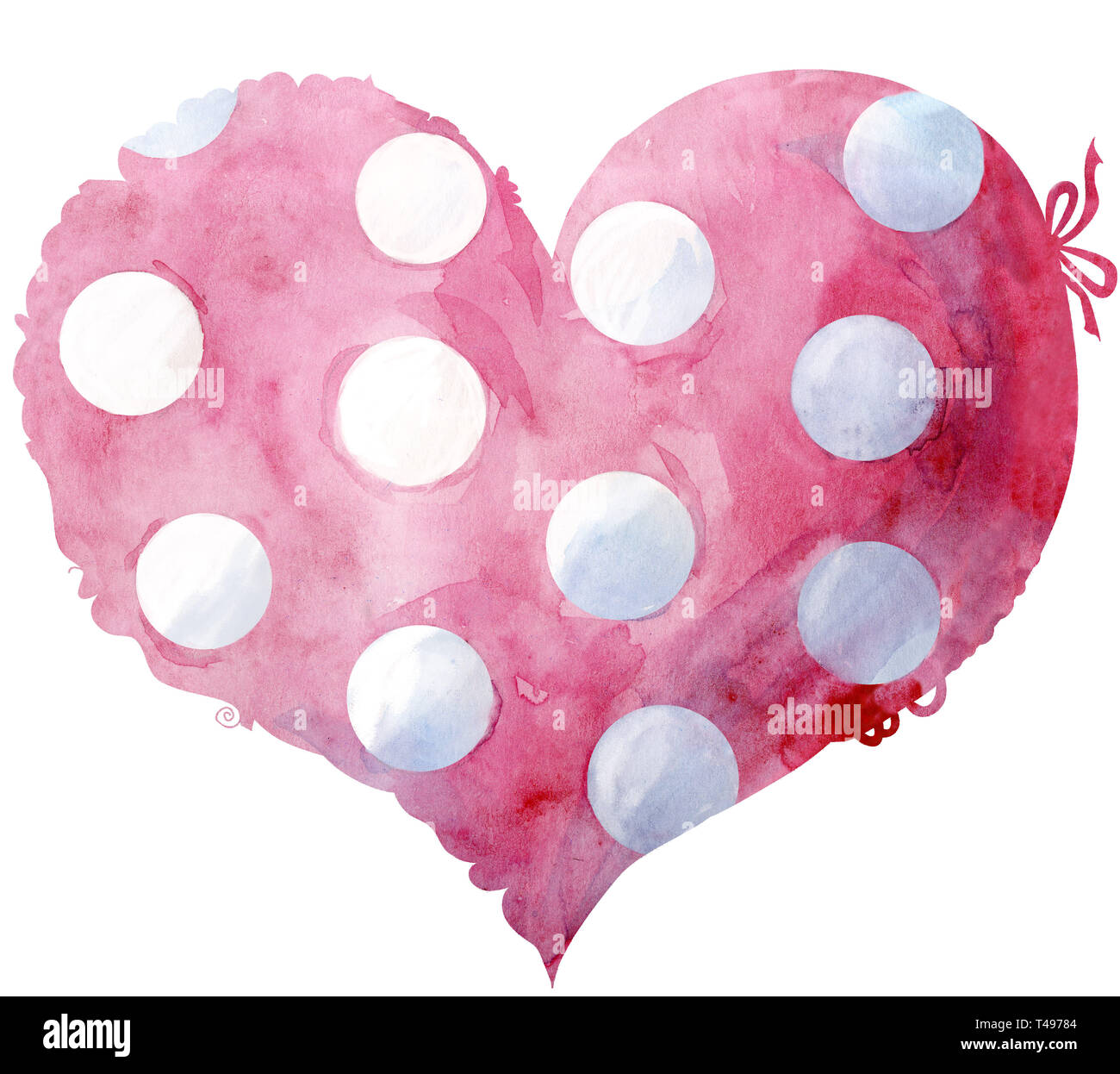 Watercolor pink heart with polka dots with a lace edge on a white ...