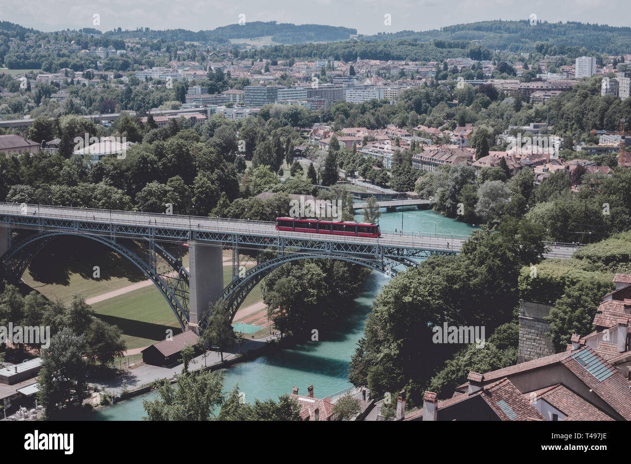 Aerial panorama of historic Bern city center from Bern Minster, Switzerland. Summer landscape, sunny day and blue sky Stock Photo