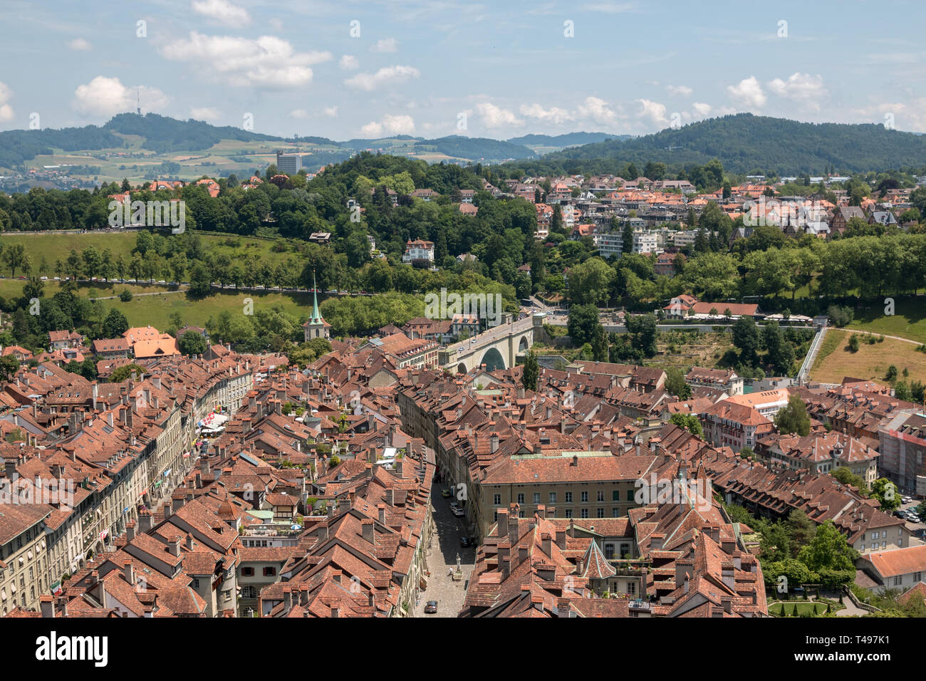 Aerial panorama of historic Bern city center from Bern Minster, Switzerland. Summer landscape, sunny day and blue sky Stock Photo