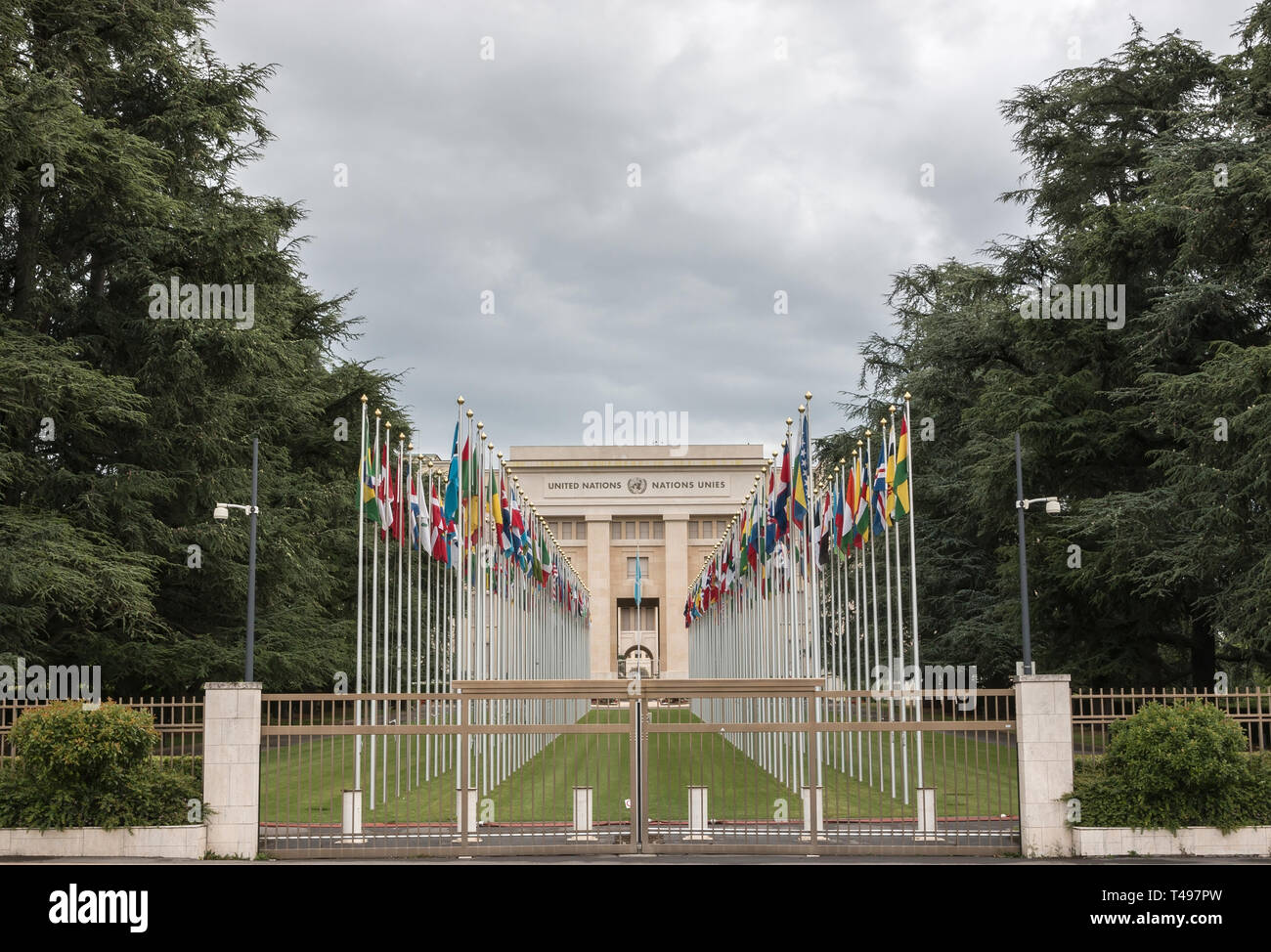 Geneva, Switzerland - July 1, 2017: National flags at the entrance in UN office at Geneva, Switzerland. The United Nations was established in Geneva i Stock Photo