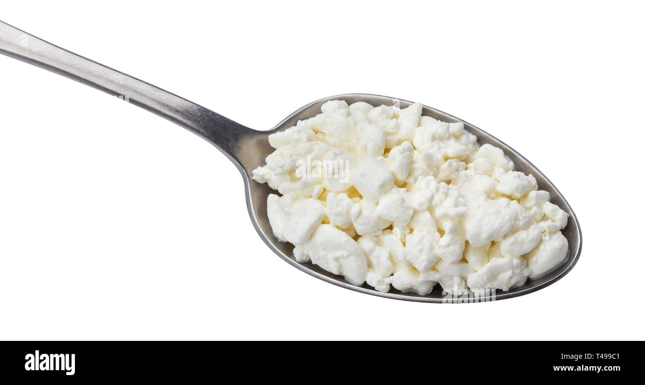 Spoon Of Cottage Cheese Isolated On White Background Top View