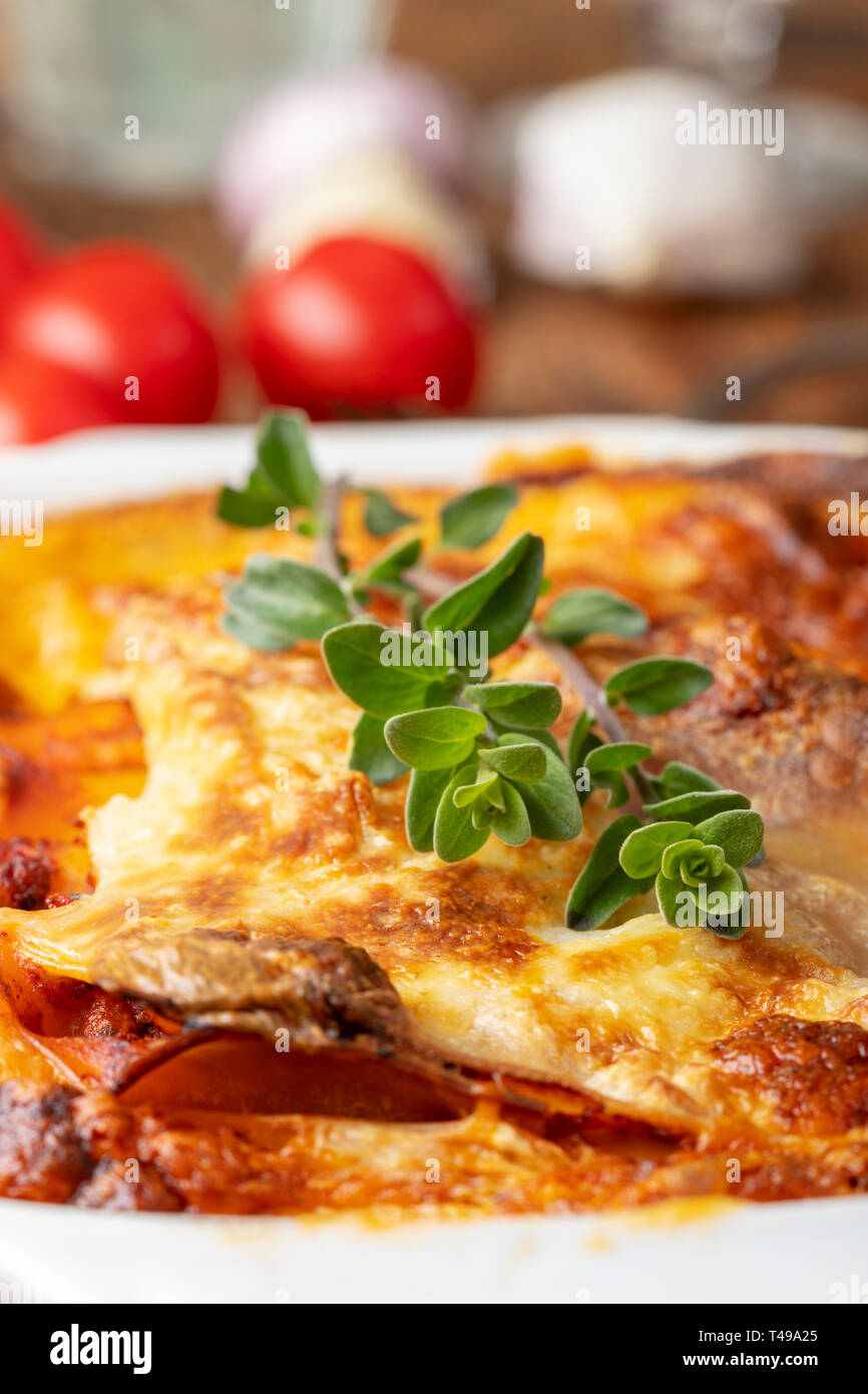 overview of a cooked lasagna on wood Stock Photo