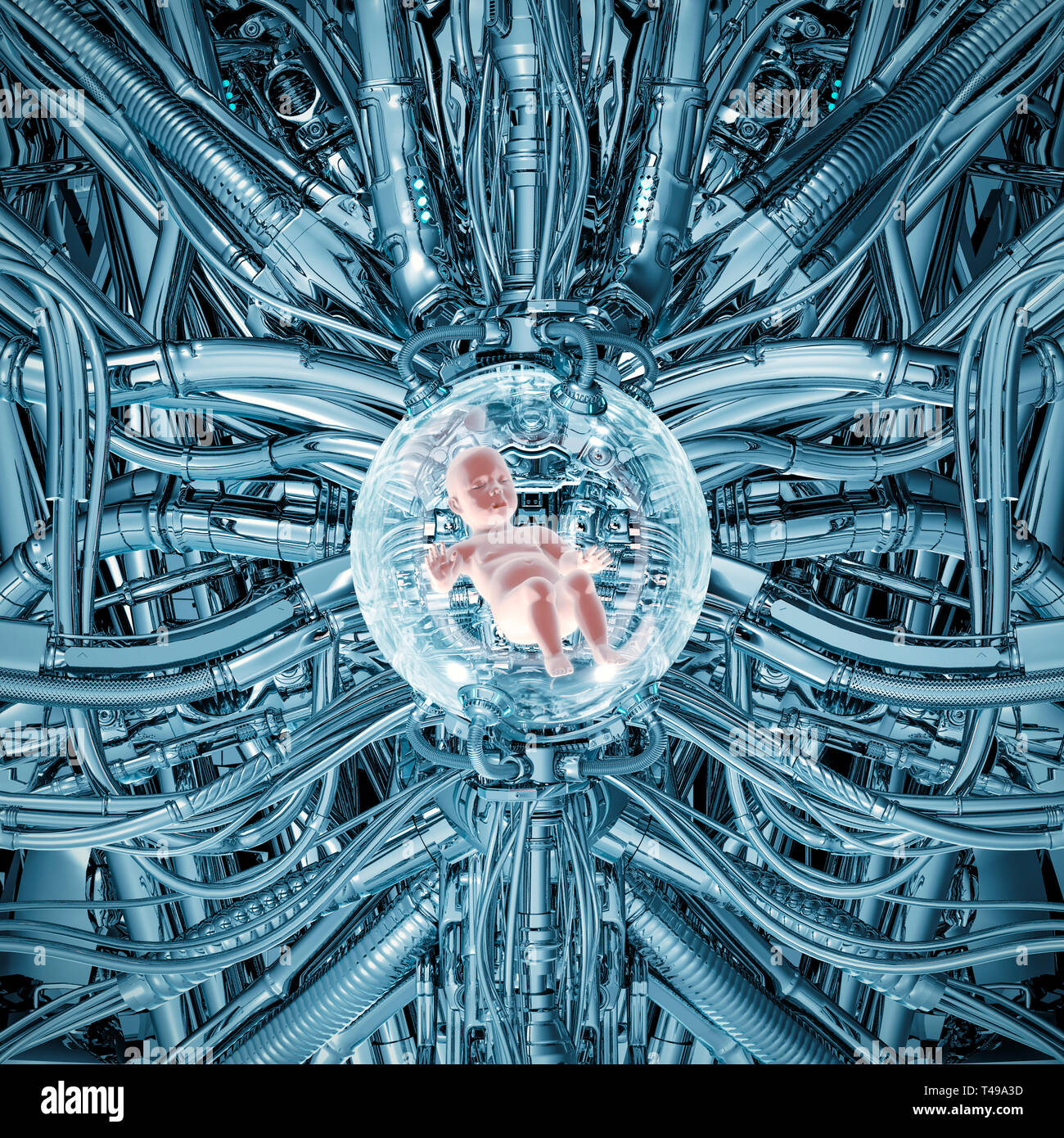 The baby pod chrome / 3D illustration of science fiction scene showing human child asleep inside bright complex futuristic incubator cloning machinery Stock Photo