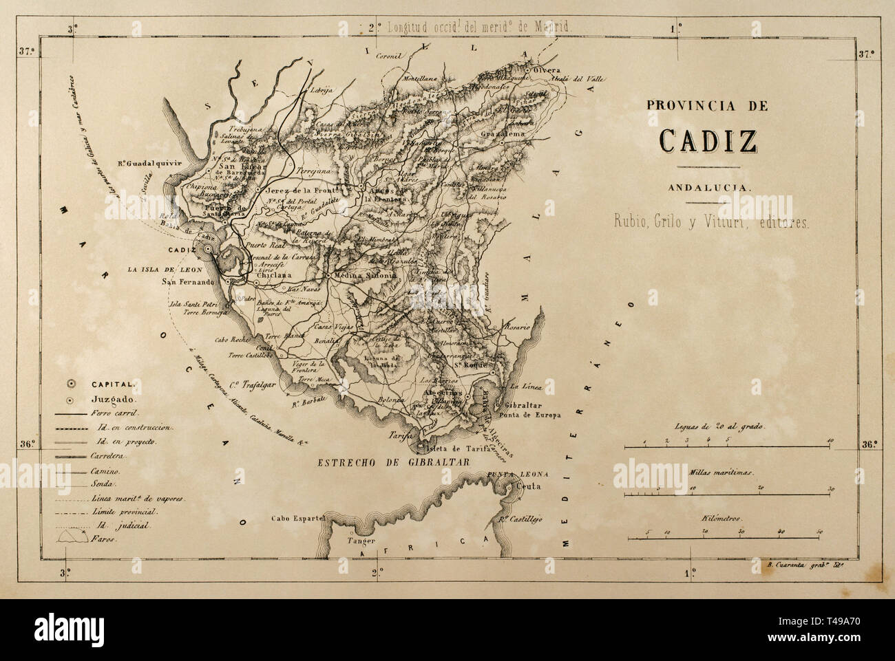 Map of the Cadiz province, Andalusia, Spain. Cronica General de España, Historia Ilustrada y Descriptiva de sus Provincias. Andalucia, 1867. Stock Photo