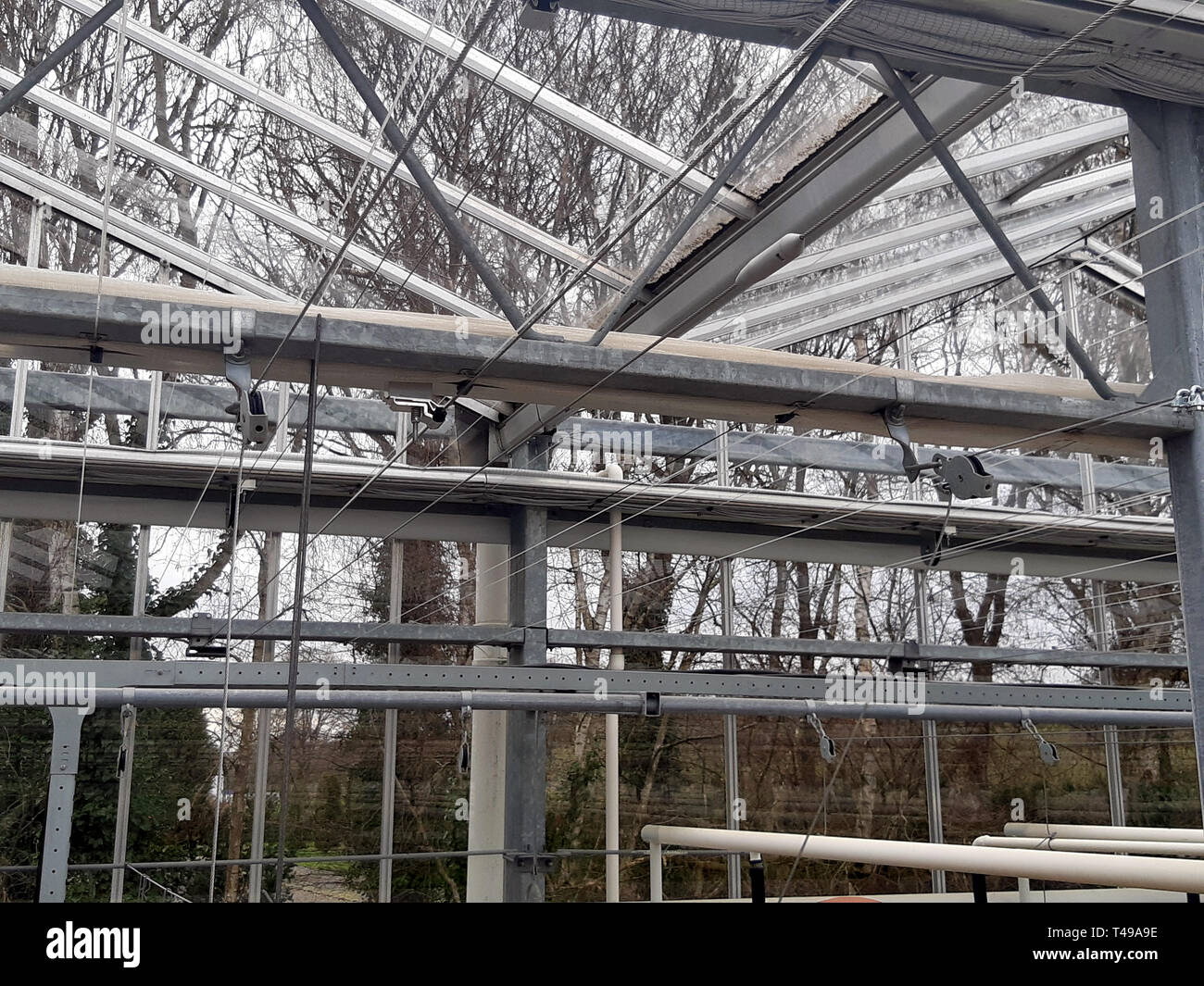The fragments of mounts inside of greenhouse. View closeup of technical cable mounting Stock
