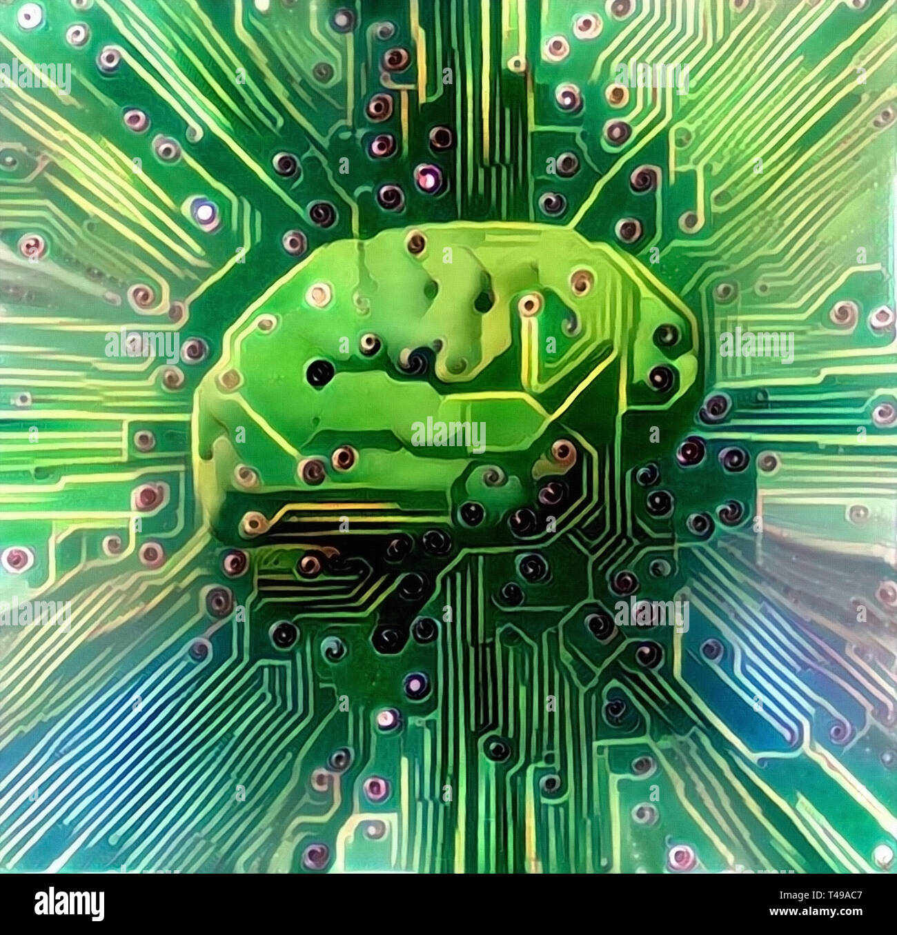 Electronic brain. Sci-Fi painting in green colors Stock Photo