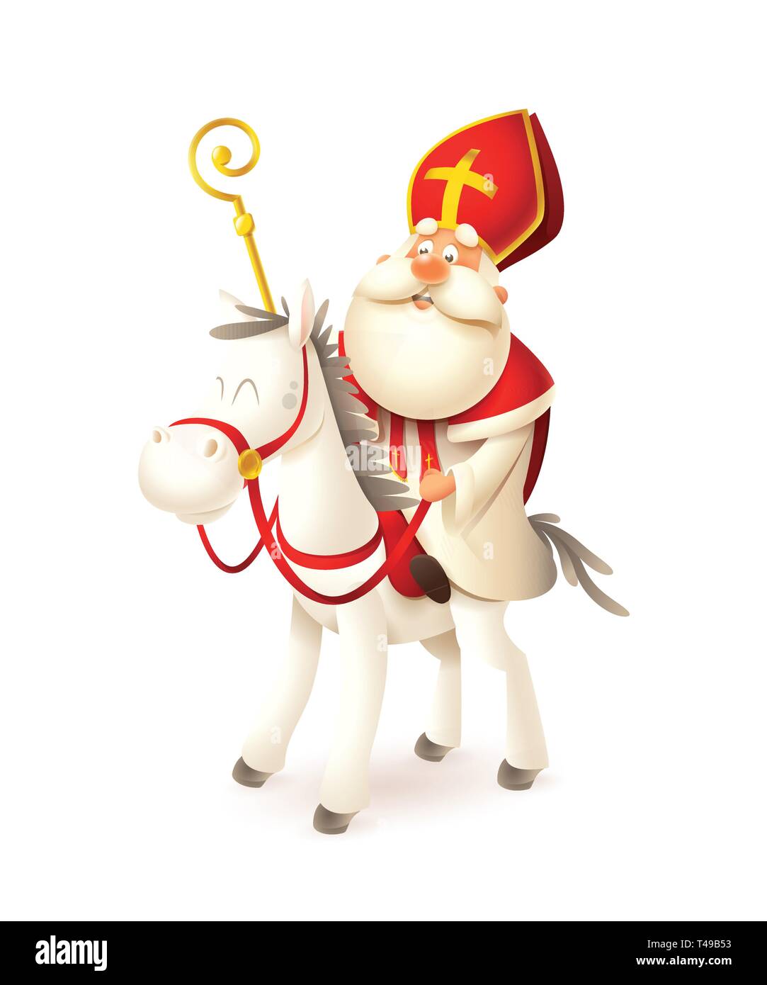 Saint Nicholas on white horse - Sinterklaas and Amerigo vector illustration isolated on white Stock Vector